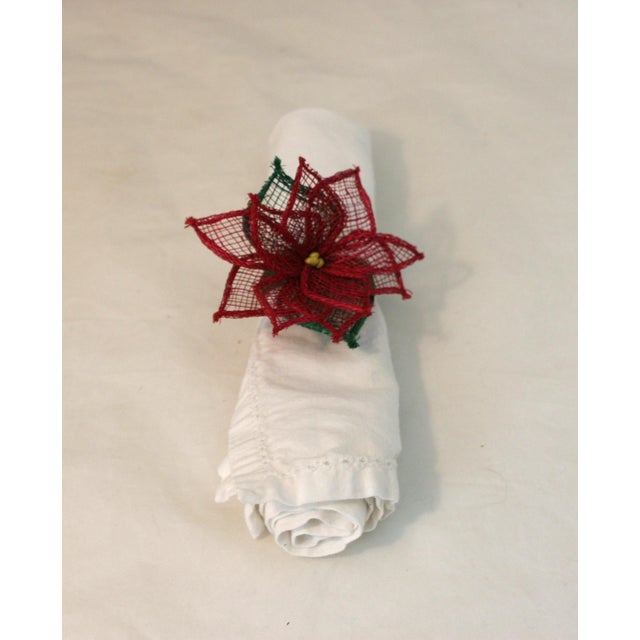 Traditional Mid Century Hand Crafted Mesh & Raffia Red Poinsettia Napkin Rings- Set of 11 For Sale - Image 3 of 8
