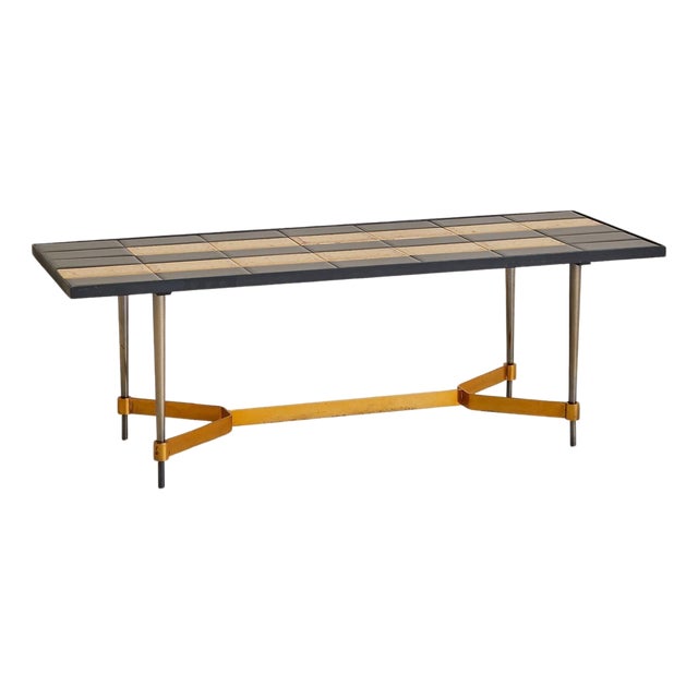 French Gilt + Black Tile-Top Coffee Table with Metal Base, 1970s For Sale