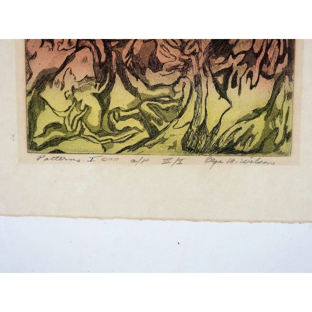 Vintage 1979 colored abstract etching on paper by Olda Wilson (1919-2010) American. Signed, dated 1979, titled Patterns I...