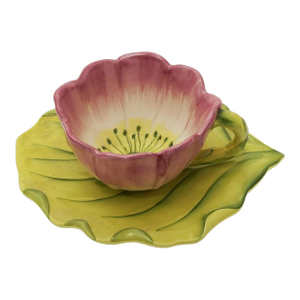 Late 20th Century Vietri Water Garden Whimsical Majolica Style Pink Flower Cup & Saucer Set