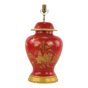 Vintage Red and Gold Chinoiserie Hand-Painted Landscape Temple Jar Table Lamp