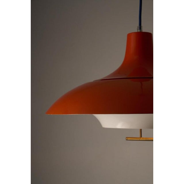 Metal Large Mid-Century Orange Metal Pendant with White Diffuser and Brass Detail, 1960s For Sale - Image 7 of 11