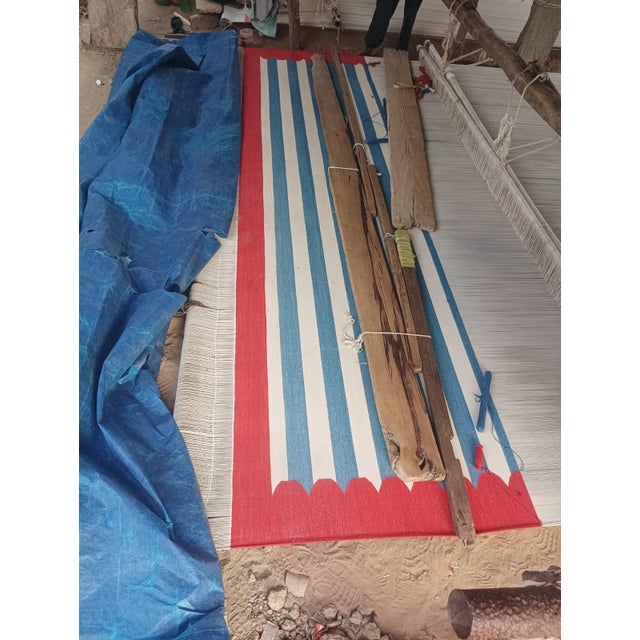 Textile Handmade Cotton Area Rug, Blue and White Striped Scalloped Rug With Red Border - 3'x5' For Sale - Image 7 of 13