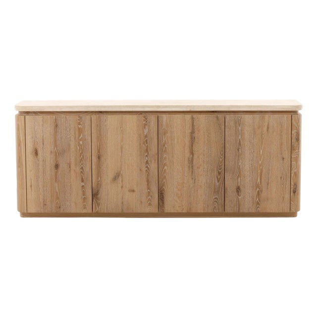 Cream Marble Top Oak Credenza For Sale