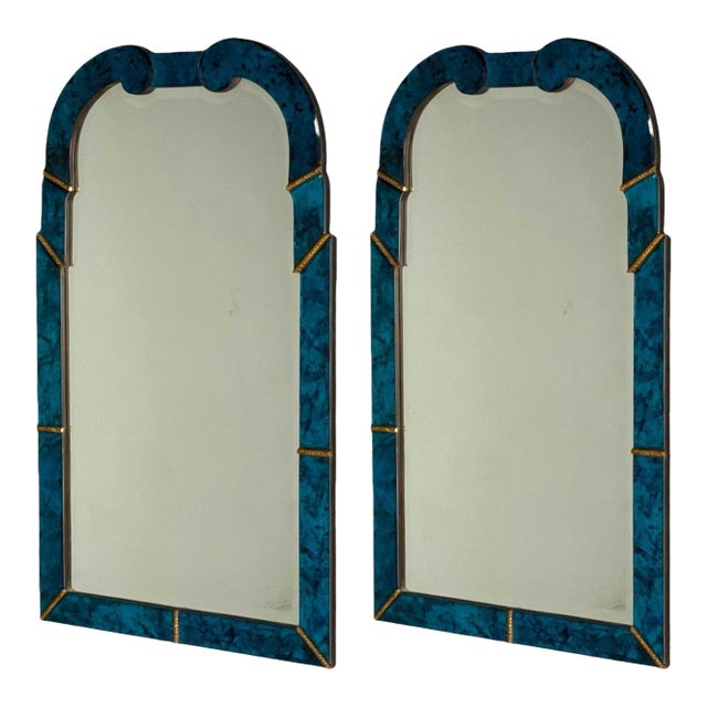 Queen Anne Style, Blue Antiqued Beveled Glass, Venetian Wall Mirrors, 21st C. For Sale