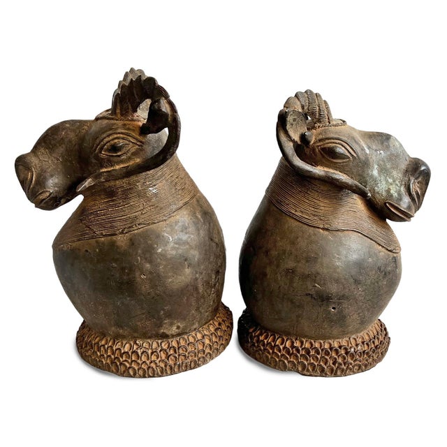 Bronze Antique Bronze Benin African Ram Head Sculpture For Sale - Image 8 of 10