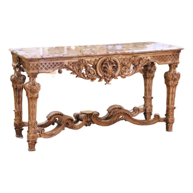 18th C. French Louis XIV Bleached Walnut Console Table With Breccia Marble Top For Sale