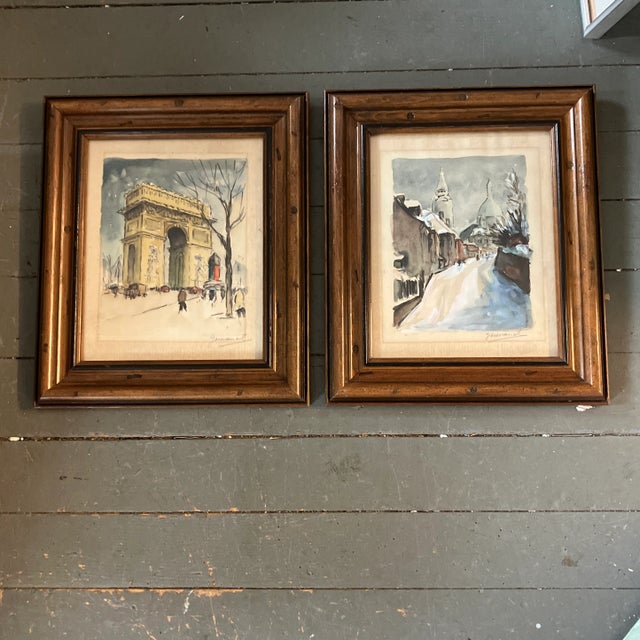 Gray 1950’s 2 Original Paris Street Scene Watercolor Paintings /Drawings Montmartre & Arch De Triumph Signed a Pair For Sale - Image 8 of 8