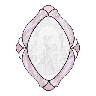 Rare 18" Vintage Leaded Stained Glass Panel With Encapsulated Dutch Picture Lace – Victorian Maiden Scene For Sale