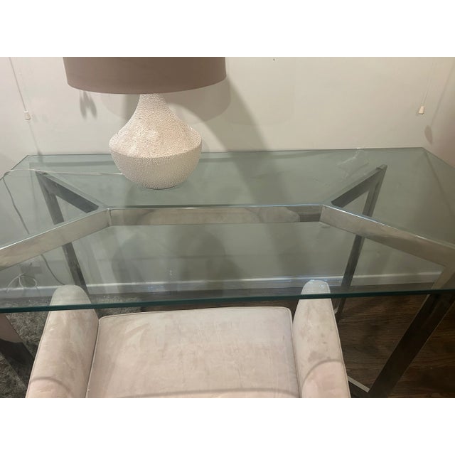 Sleek, modern luxury glass desk with stainless steel legs by Mitchell Gold. RARE and no longer in production