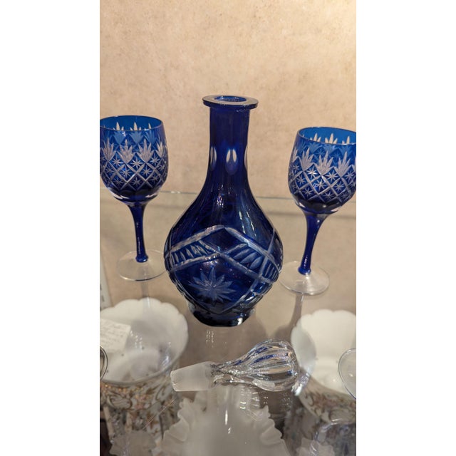 Blue Mid 20th Century Bohemian Crystal Decanter and 6 Stems For Sale - Image 8 of 8