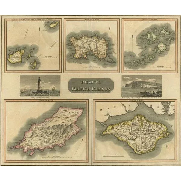 Group of 5 maps of the Channel Islands, Scilly, Jersey, the Isle of Mann and the Isle of Wight. Engraved views of the...