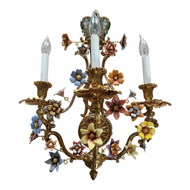 Mariner Wall Scones Casted Bronze & Ceramic Flowers 19328-0 For Sale