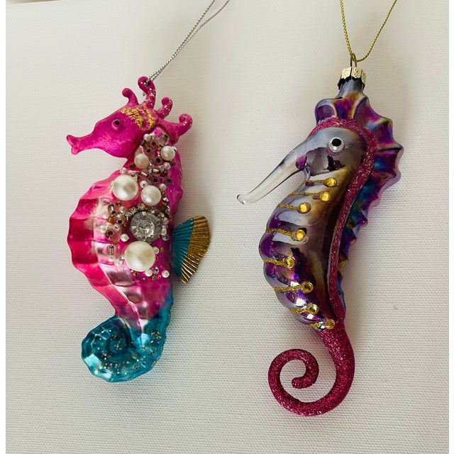 Shabby Chic 1970s Old World Christmas Ornaments 2 Sea Horses Handblown Glass For Sale - Image 3 of 7