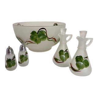 Vintage Frosted Glass Salad Set With Hand Painted Leaves – Bowl, Oil & Vinegar, Salt & Pepper - 5 pcs For Sale