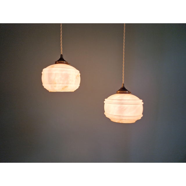Art Deco Pendant Lights in Pink Marbled Opaline Glass, 1930s, Set of 2 For Sale - Image 13 of 15