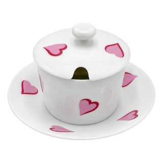 Mid 20th Century D. Porthault Paris Les Coeurs Pink Hearts Limoges Porcelain Honey Pot With Lid For Sale