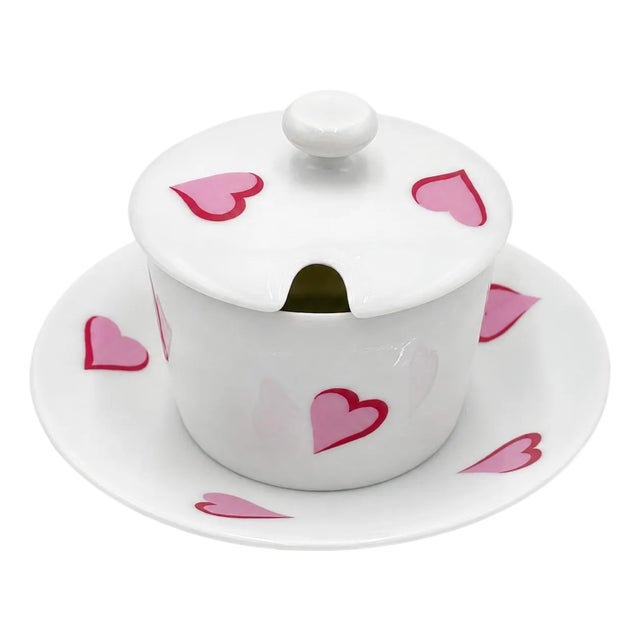 Mid 20th Century D. Porthault Paris Les Coeurs Pink Hearts Limoges Porcelain Honey Pot With Lid For Sale