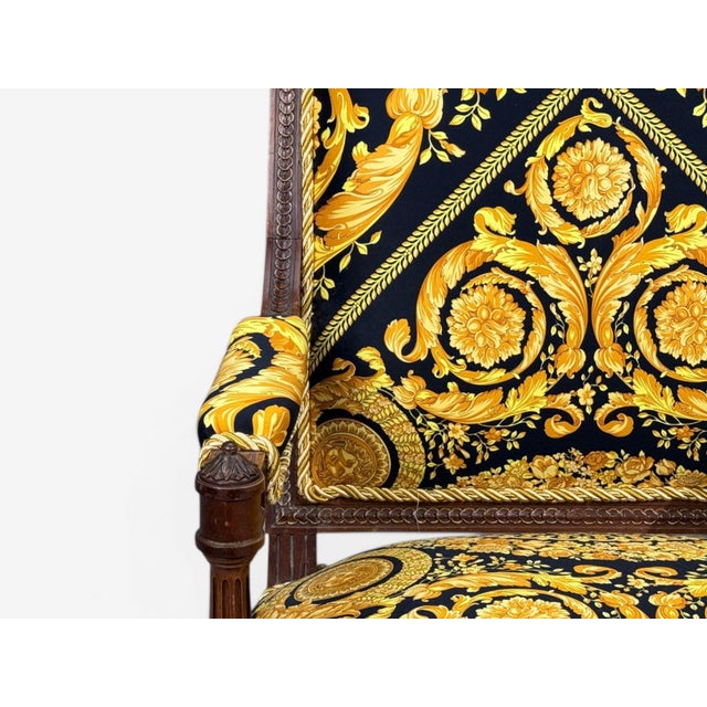 Gianni Versace Fabric Louis XVI Style Armchairs, Walnut, France, 20th C. For Sale - Image 10 of 16
