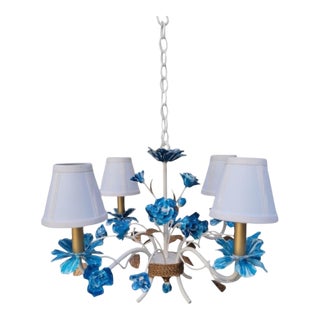 Vintage Small 4 Light Tole Newly Hand Painted Blue White Chinoiserie Rose Leaf Chandelier For Sale