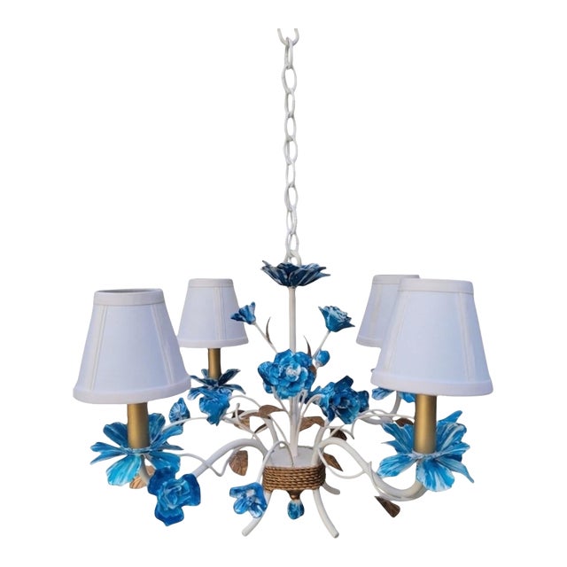 Vintage Small 4 Light Tole Newly Hand Painted Blue White Chinoiserie Rose Leaf Chandelier For Sale