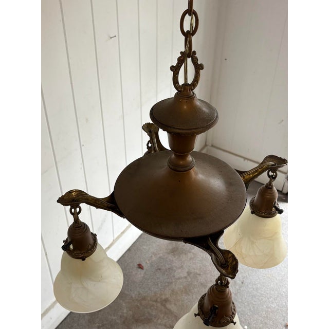Victorian Early 20th-Century Brass 4-Globe Chandelier For Sale - Image 3 of 7