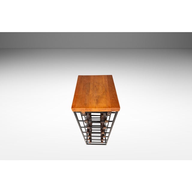 Metal Mid-Century Modern 21 Bottle Wine Rack in Leather & Wrought Iron W/ Butcher Block Top Attributed to Arthur Umanoff, Usa, C. 1960s For Sale - Image 7 of 18