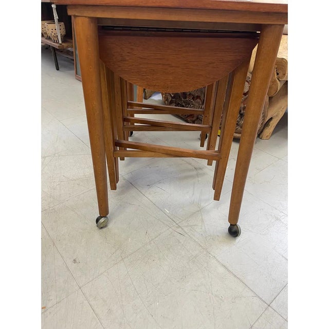 Vintage Mid-Century Modern Nesting Table Set With Three Round Stowaway Stools/Tables on Casters - Uk Import For Sale - Image 11 of 11