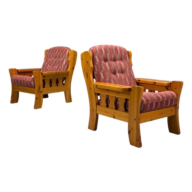 Swedish Modern, Pine, Red Fabric, Brutalist Lounge Chairs, Sweden, 1950s For Sale