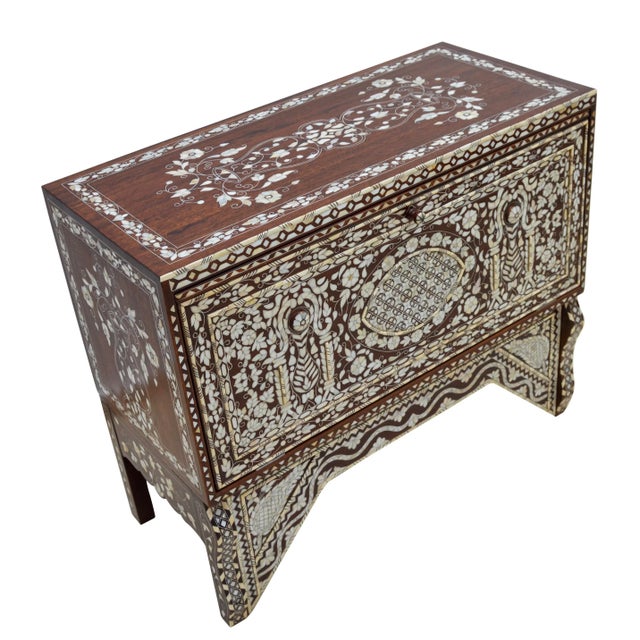 Vintage Moorish Mother-Of-Pearl Inlaid Walnut Console Table & Mirror Set For Sale - Image 4 of 13