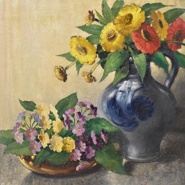 Yellow and Red Gerberas, Oil on Canvas, 20th Century, Framed For Sale - Image 3 of 7