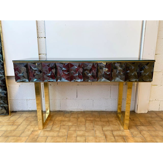 Mid-Century Modern Contemporary Italian Murano Glass and Brass Console For Sale - Image 3 of 11