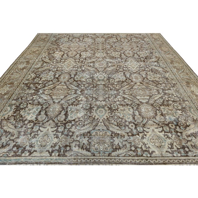 Antique Mahal Hand-Knotted Wool Rug in Neutral Mocha, Espresso, & Ice Blue For Sale - Image 9 of 12