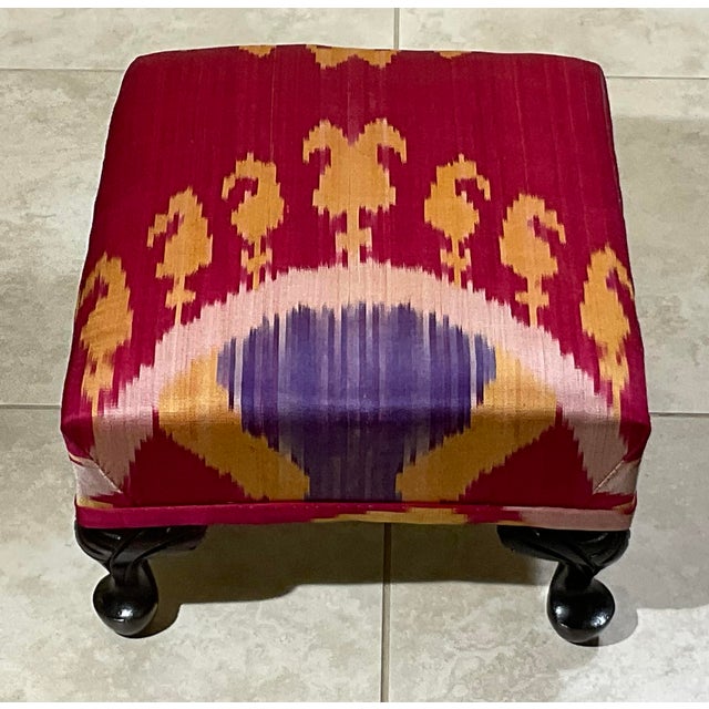 Wine Antique Solid Wood Footstool / 19th-Century Silk Ikat /Artisan Statement Piece For Sale - Image 8 of 16