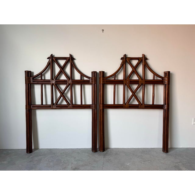 Coastal Pair of Vintage McGuire-Style Rattan Headboards With Leather Wrapped Bindings For Sale - Image 3 of 14