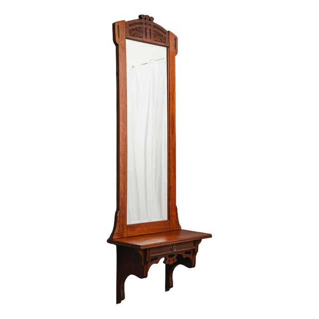 Art Nouveau Wall Mirror with Console in Walnut, Early 20th Century For Sale