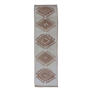 Vintage Turkish Tulu Runner With Ivory Field and Soft Brown Diamond Motifs For Sale