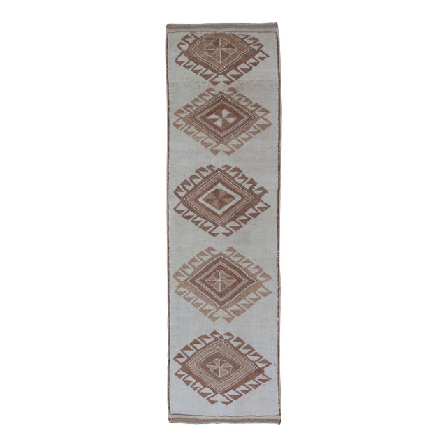 Vintage Turkish Tulu Runner With Ivory Field and Soft Brown Diamond Motifs For Sale