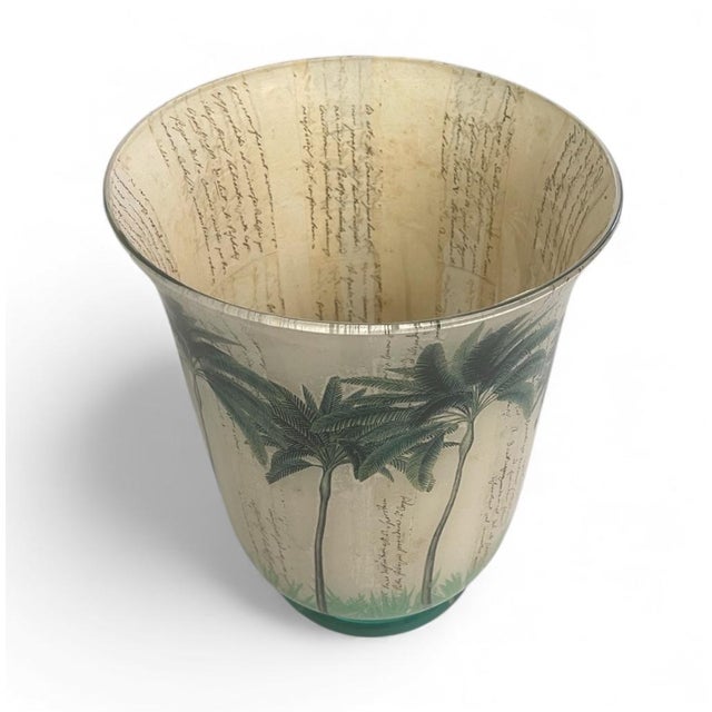Coastal Elegant Hand-Painted Glass Vase With Decoupage Palm Tree Design For Sale - Image 3 of 8