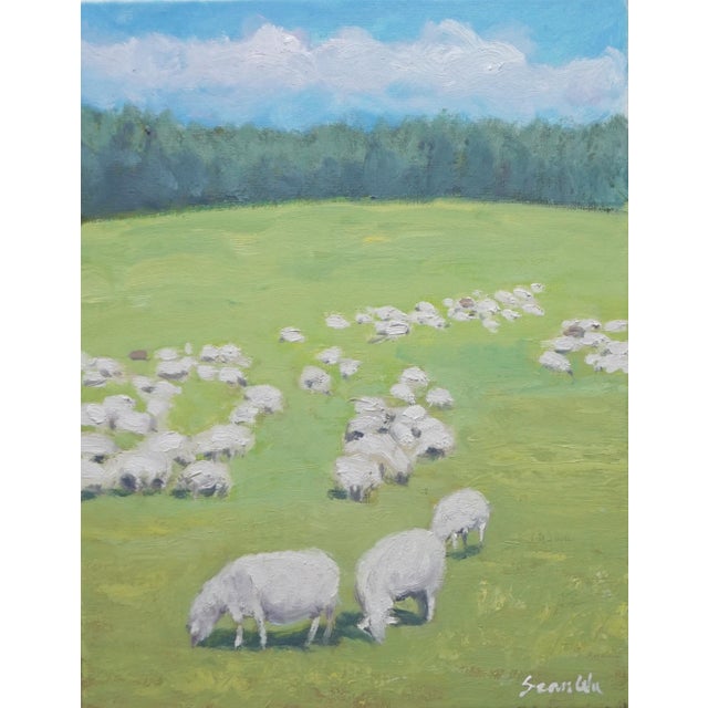 Sean Wu Original Oil Painting, Sheep Grazing on Green Pasture For Sale