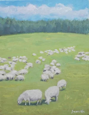 Sean Wu Original Oil Painting, Sheep Grazing on Green Pasture