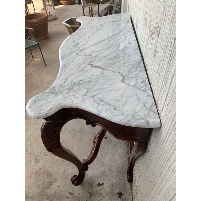 Brown 1900s French Regency Carved Walnut Console Table With White Marble Top For Sale - Image 8 of 13