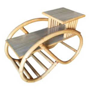 1930s Restored 3/4 Round Pretzel Rattan Side Table With Two-Tier Formica Tops