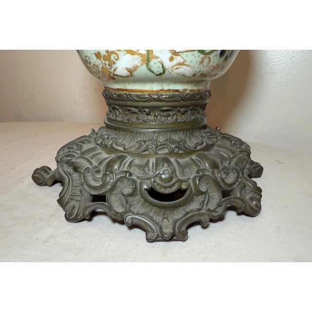 Metal Huge 1800s Antique Ornate French Hand Painted Porcelain Bronze Kerosine Oil Lamp For Sale - Image 7 of 18