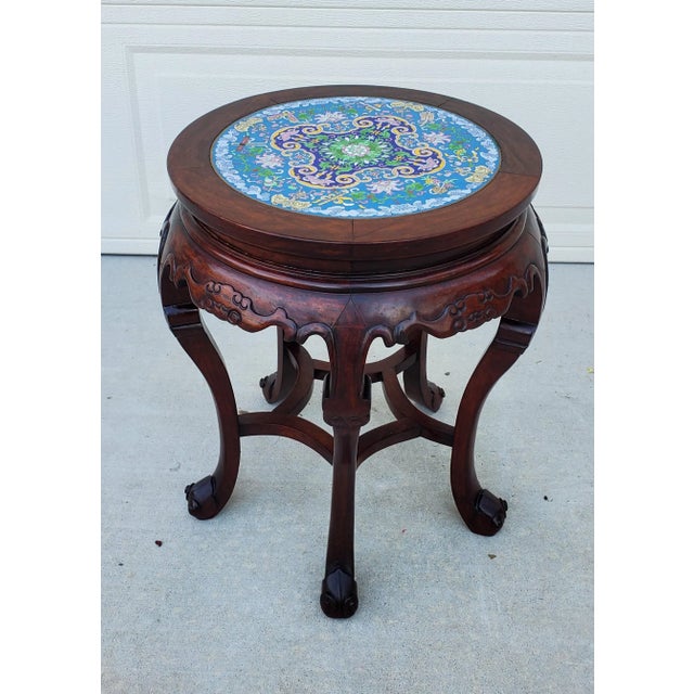 19th Century Chinese Carved Rosewood Side Table With Inset Cloisonne Top For Sale In San Diego - Image 6 of 13