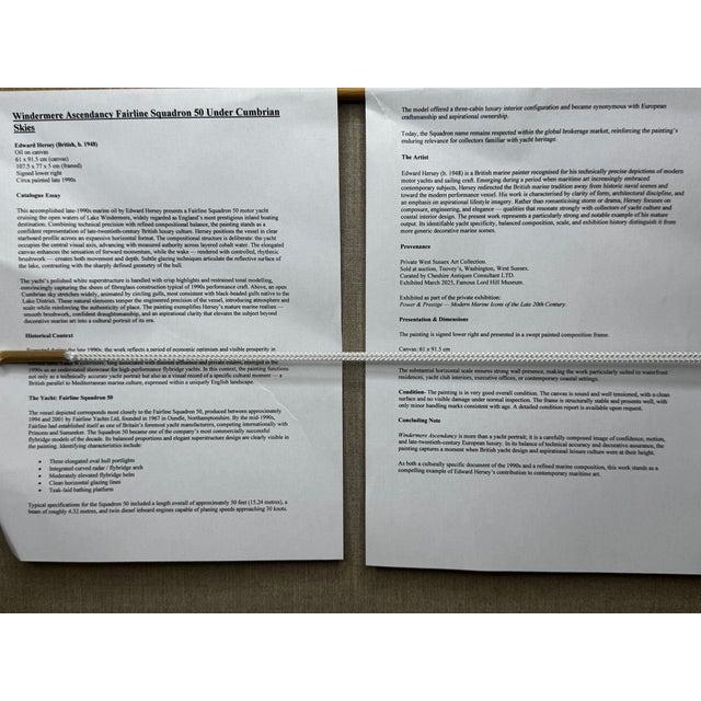 British Marine Oil Painting Windermere Lake District Ascendancy — Fairline Squadron 50 Yacht Under Cumbrian Skies Signed Edward Hersey Gilt Framed For Sale - Image 18 of 18