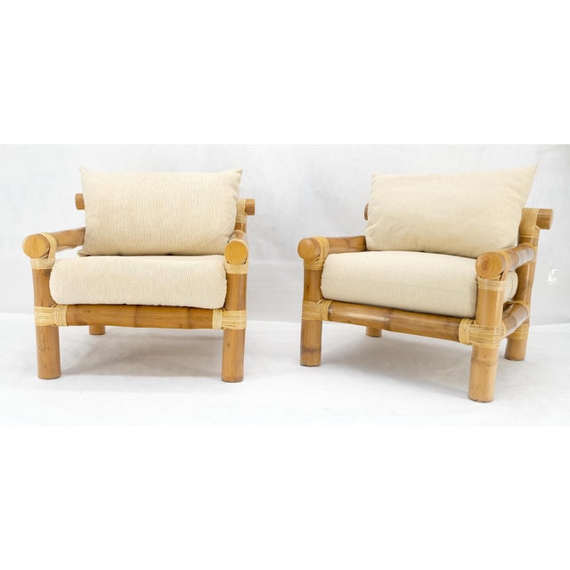 Wood Pair of Thick Bamboo Upholstered Lounge Chairs Mid Century Modern MINT For Sale - Image 7 of 13