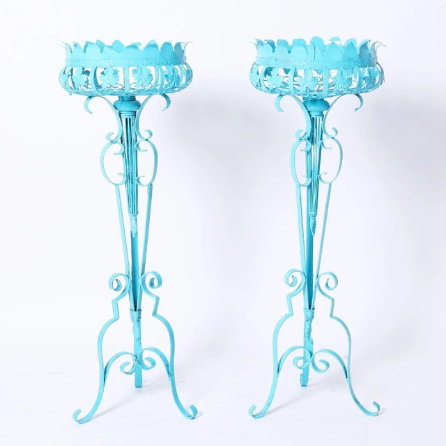 Cornflower Blue Pair of Vintage Italian Iron Plant Stands For Sale - Image 8 of 8
