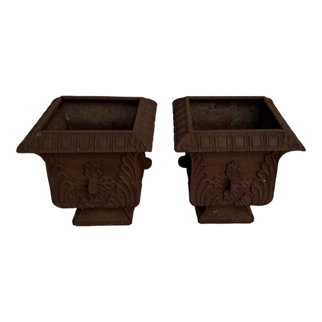 Rare Pattern Antique Square Cast Iron Planters- A Pair For Sale