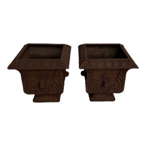 Rare Pattern Antique Square Cast Iron Planters- A Pair